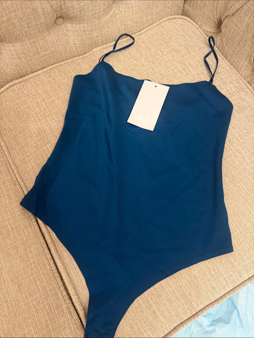 Zara Teal Blue Satin Cami Bodysuit
